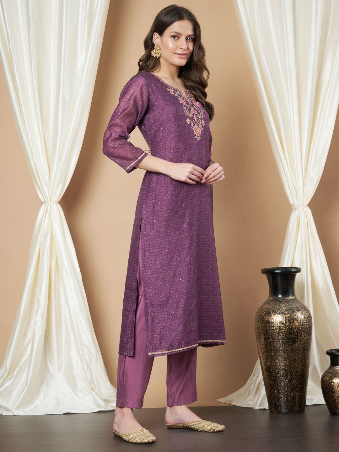 Label Khoj Women's Violet Chanderi Embroidered Kurta with Pant and Violet Dupatta