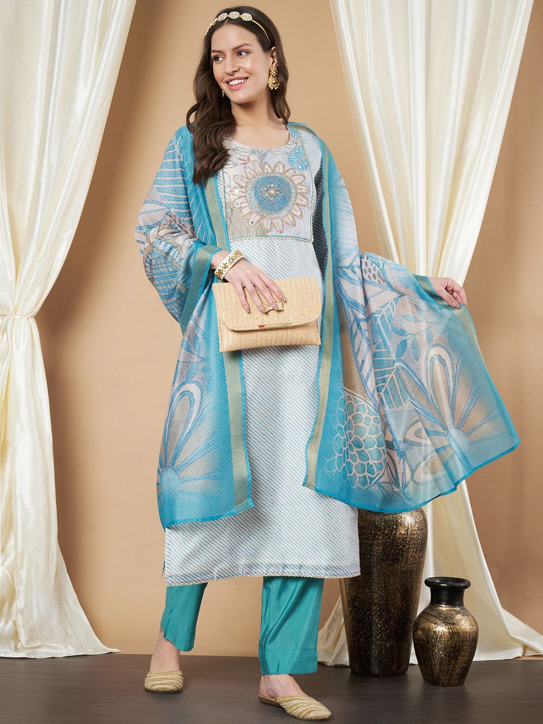 Label Khoj Women's Firoji Chanderi Embroidered Kurta with Pant and Firoji Dupatta