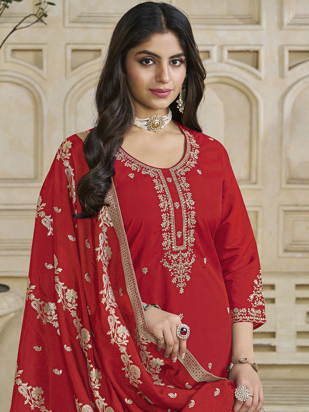 Label Khoj Women Roman Silk Embroidery  Work Red Color Kurta & Bottom With Dupatta  Set