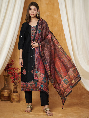 Label Khoj Women's Black Chinon Hand Embroidery Kurta with Pant and Dupatta