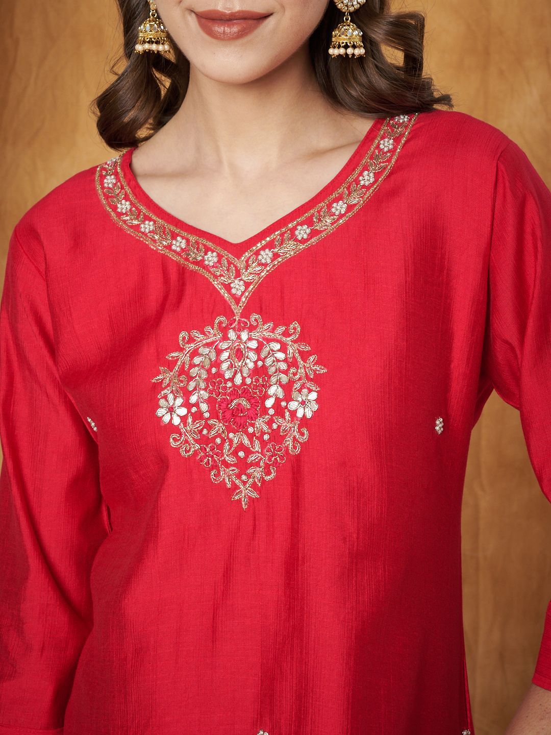 Label Khoj Women's Red Silk Blend Embroidery Kurta with Pant and Dupatta