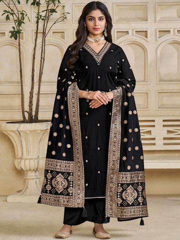 Label Khoj Women Roman Silk Embroidery  Work Black Color Kurta & Bottom With Dupatta  Set