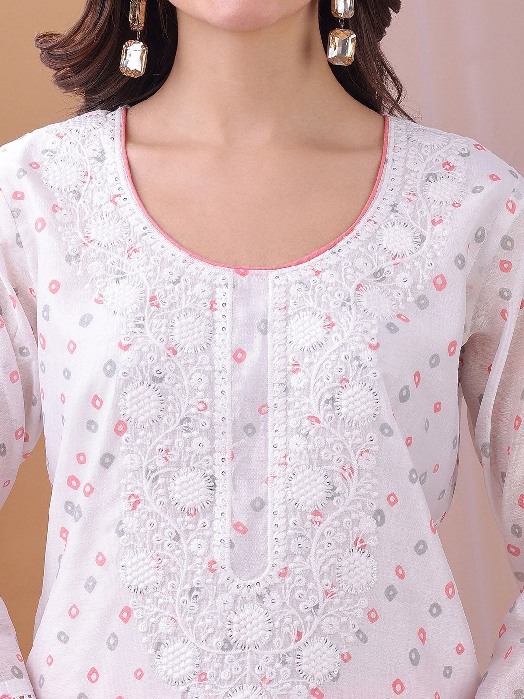 Label Khoj Women's White & Pink Chanderi Embroidered Kurta with Pant and Pink Dupatta