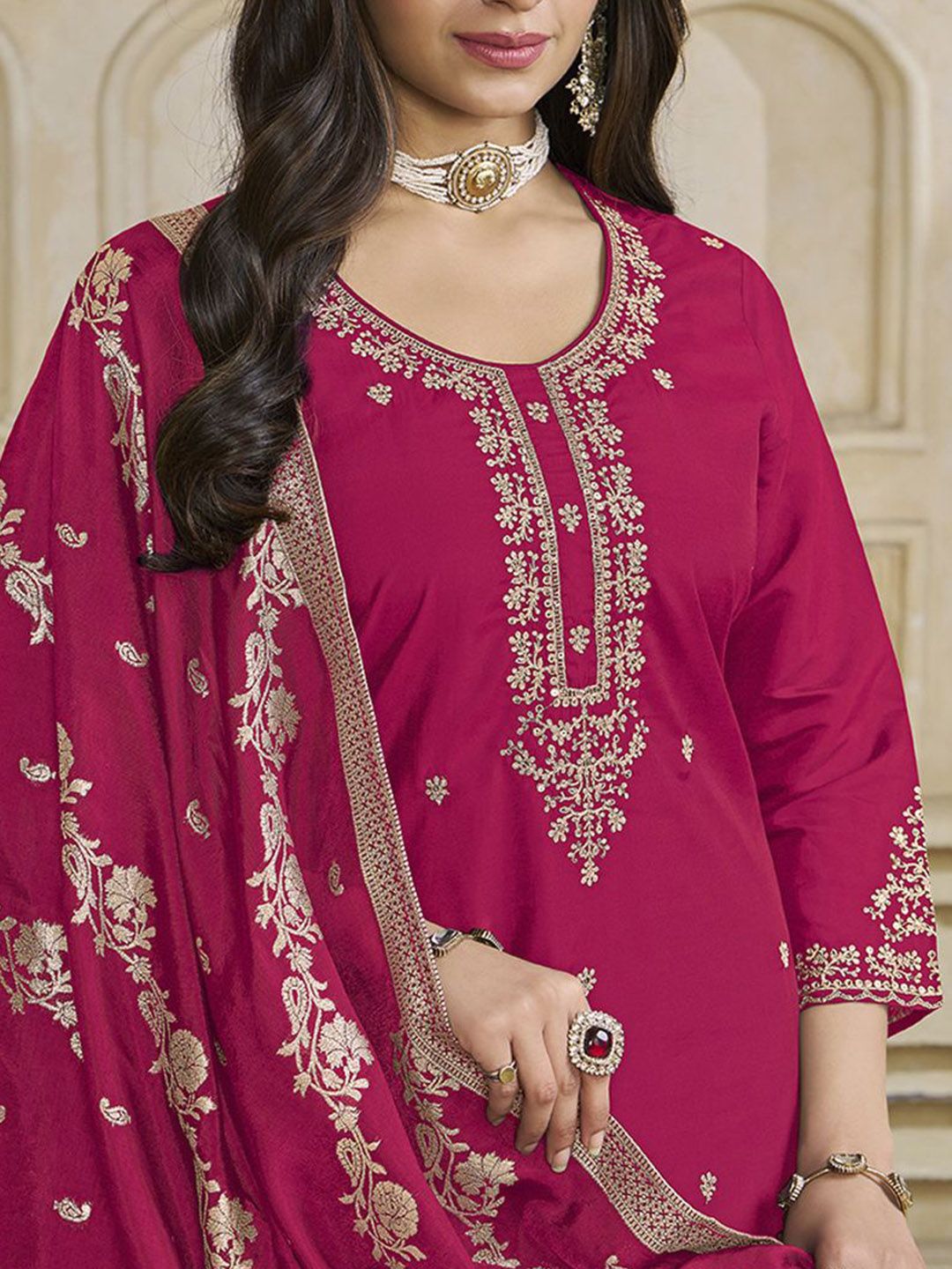 Label Khoj Women Roman Silk Embroidery  Work Rani Color Kurta & Bottom With Dupatta  Set
