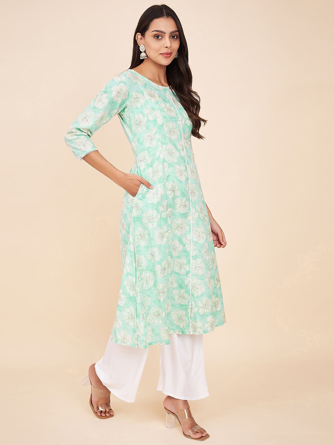 Label Khoj Women Cotton Sea Green Floral Kurta