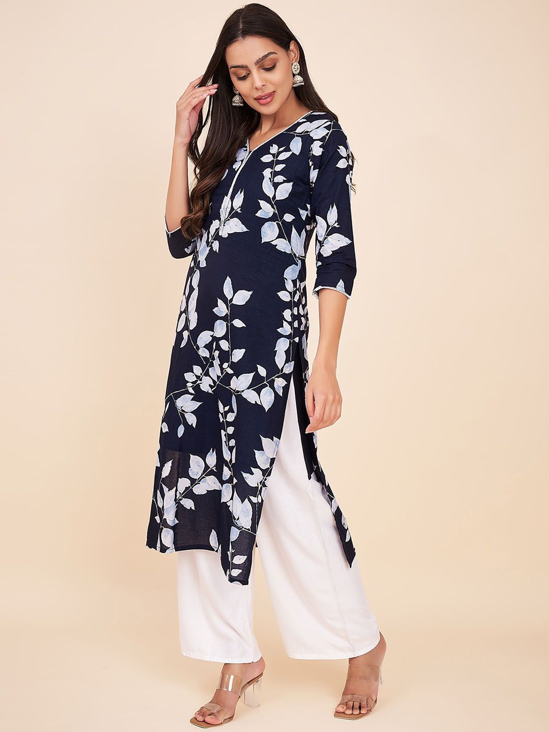 Label Khoj Women Navy Floral Cotton Kurta