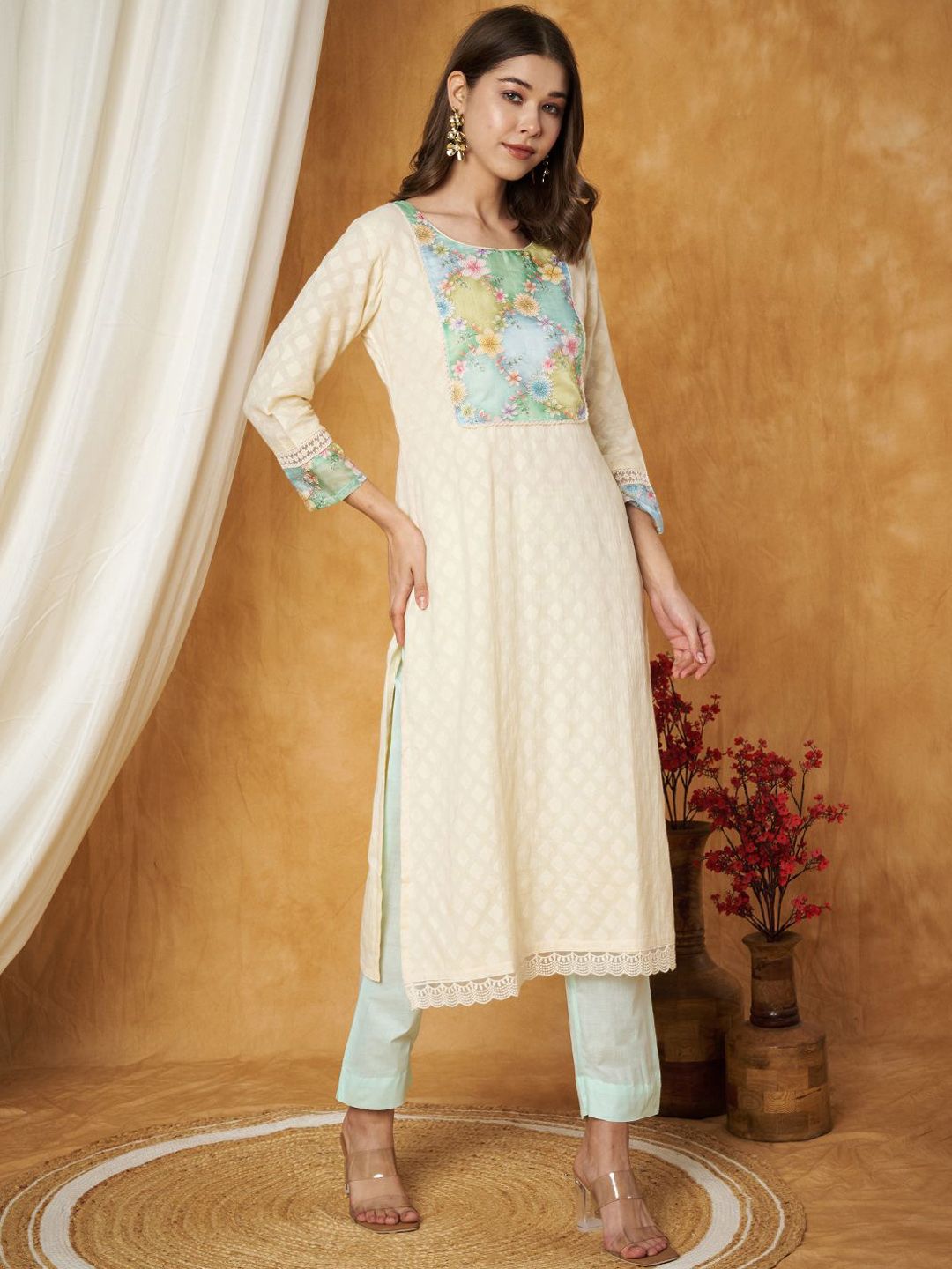 Label Khoj Women's Green Cotton Jacquard Patch Work Kurta with Pant and Dupatta