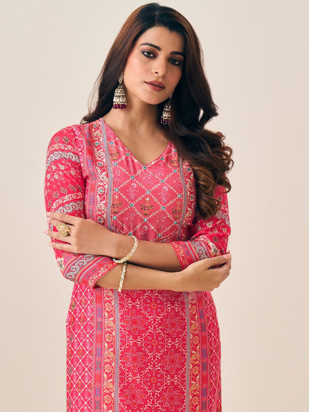 Label khoj Pure viscose maslin with hand work Kurta ,trouser and dupptta setRANI Color