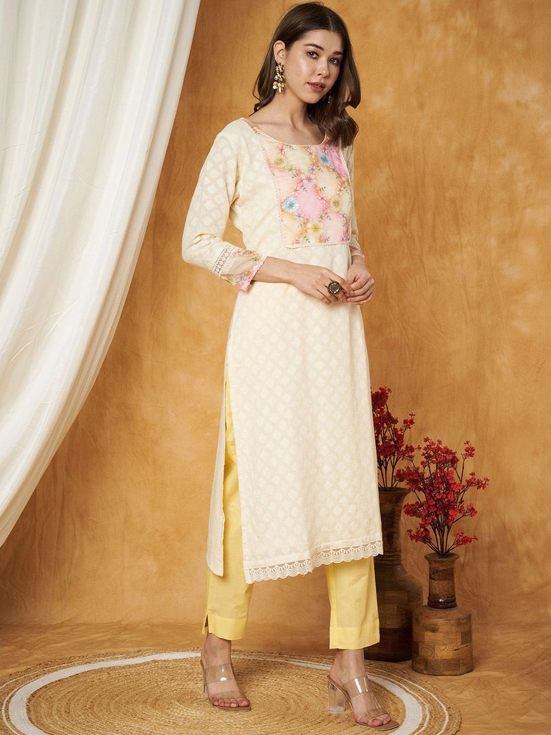 Label Khoj Women's Yellow Cotton Jacquard Patch Work Kurta with Pant and Dupatta
