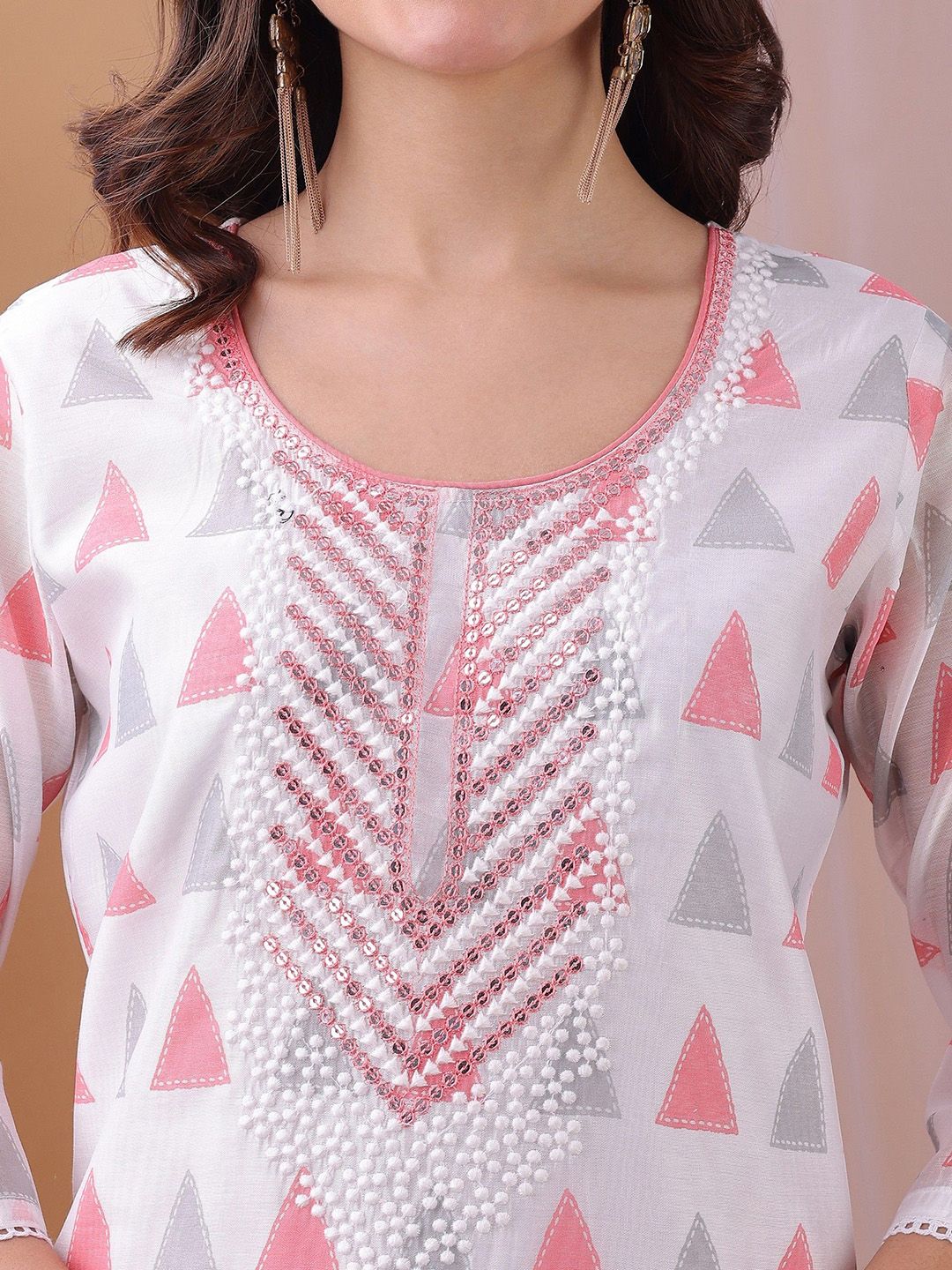 Label Khoj Women's White & Pink Chanderi Embroidered Kurta with Pant and Pink Dupatta