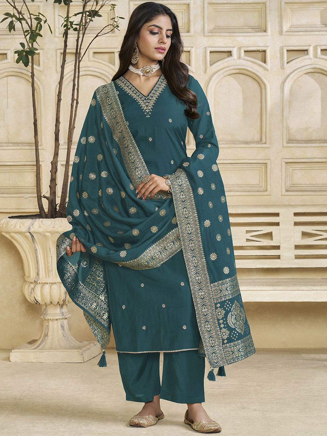 Label Khoj Women Roman Silk Embroidery  Work Firoji Color Kurta & Bottom With Dupatta  Set