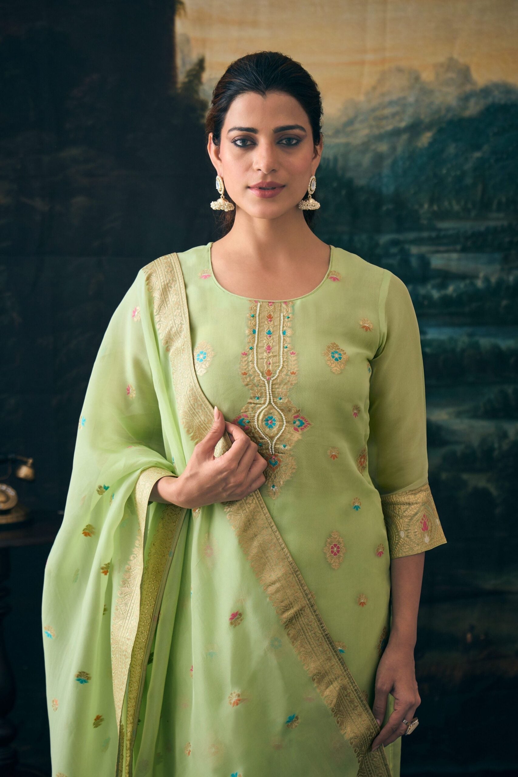 Label khoj Women pure jacquard kurta, trouser and dupptta set