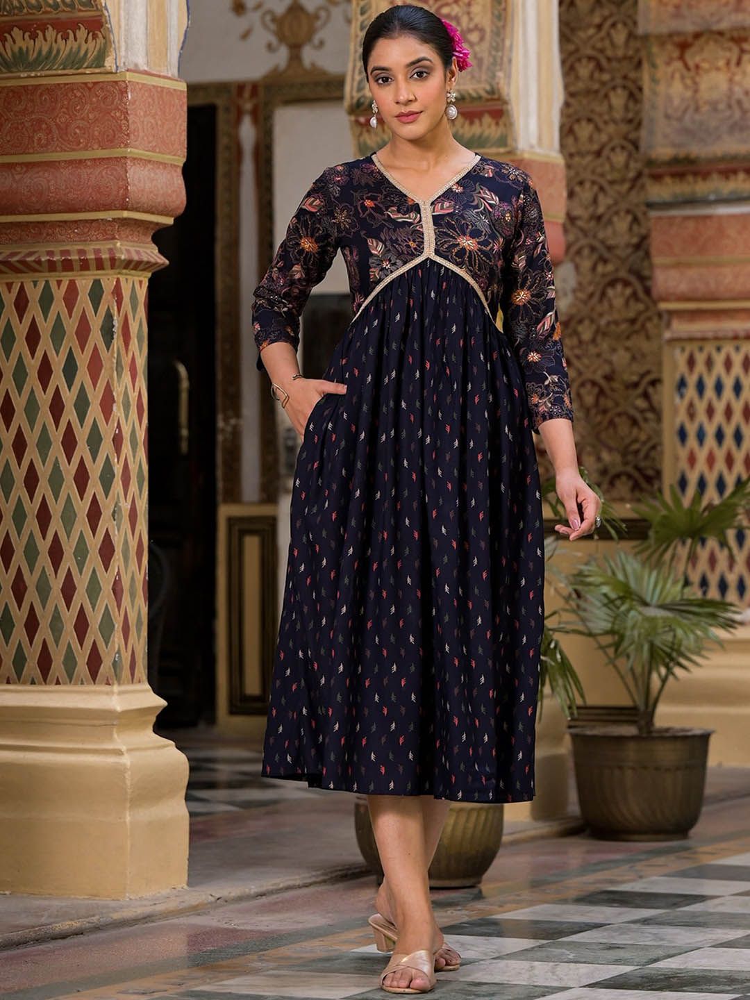 Label Khoj Women Rayon print A line Alia kurta with Pocket