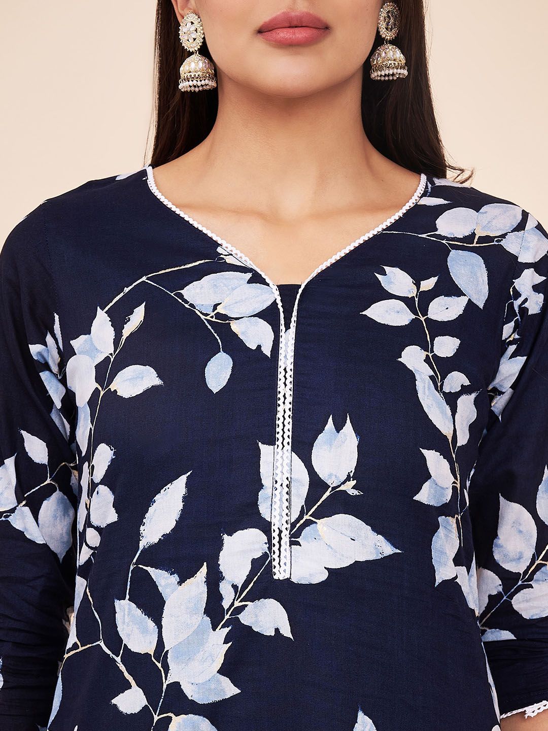Label Khoj Women Navy Floral Cotton Kurta