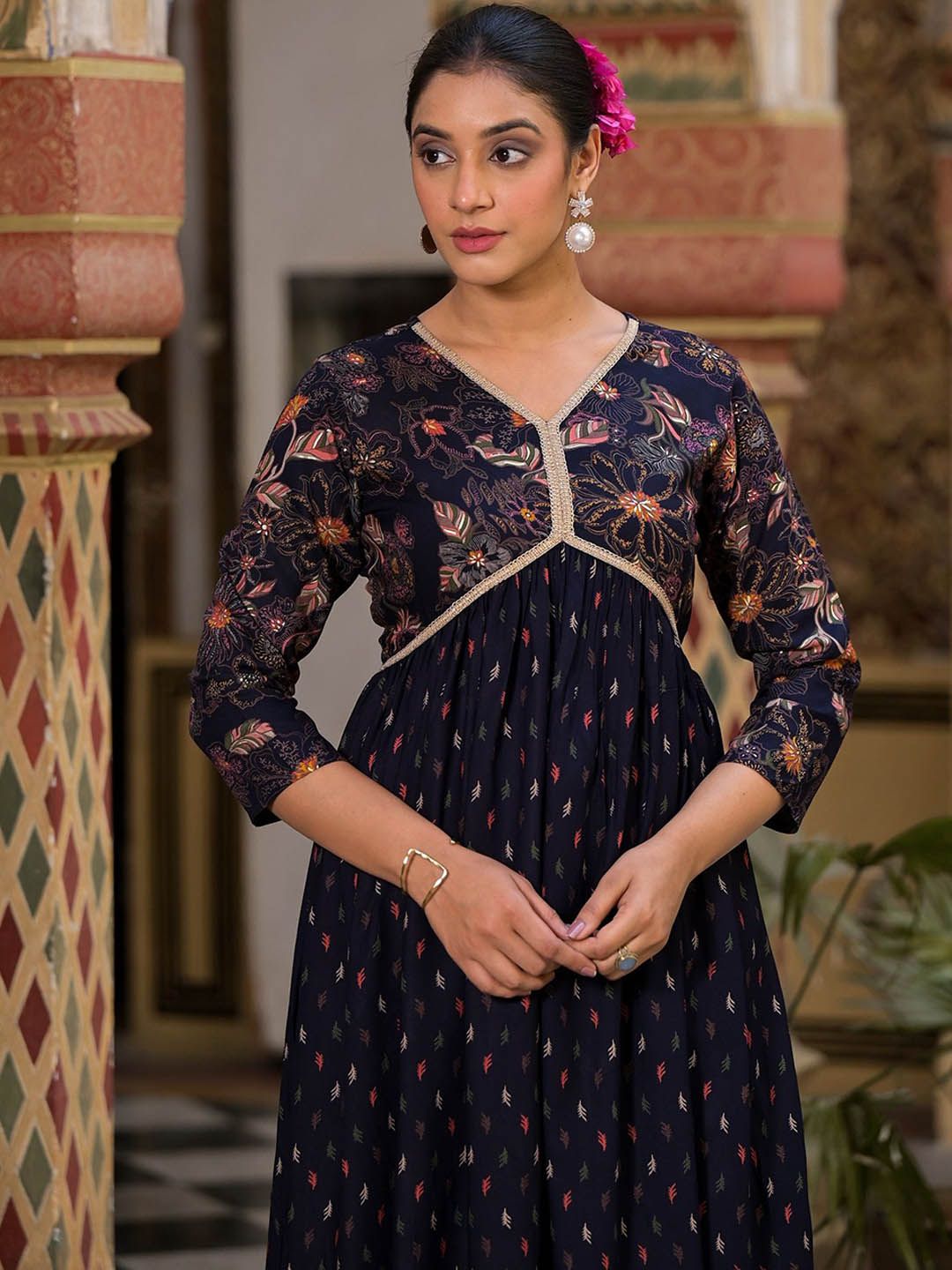 Label Khoj Women Rayon print A line Alia kurta with Pocket