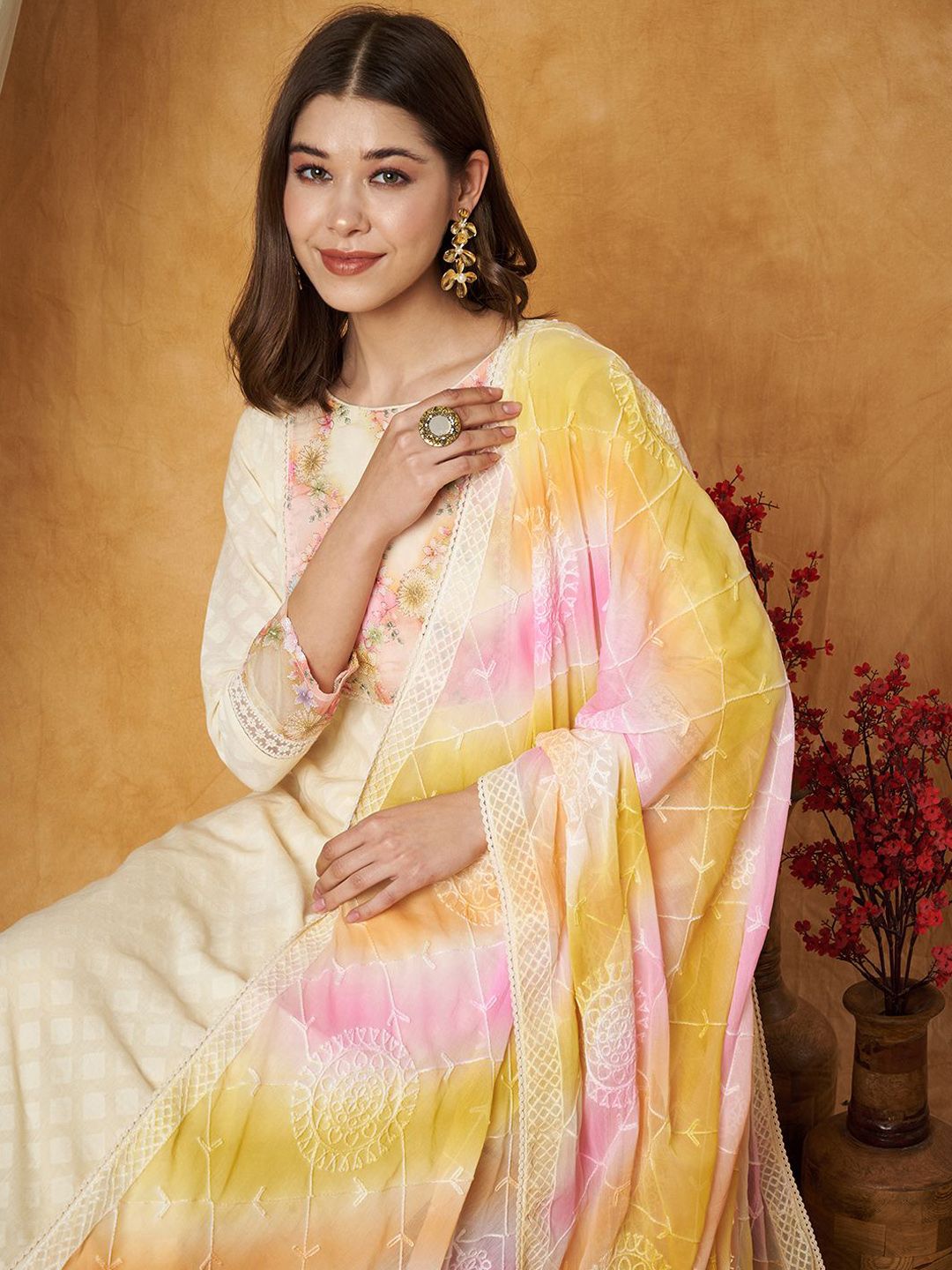 Label Khoj Women's Yellow Cotton Jacquard Patch Work Kurta with Pant and Dupatta
