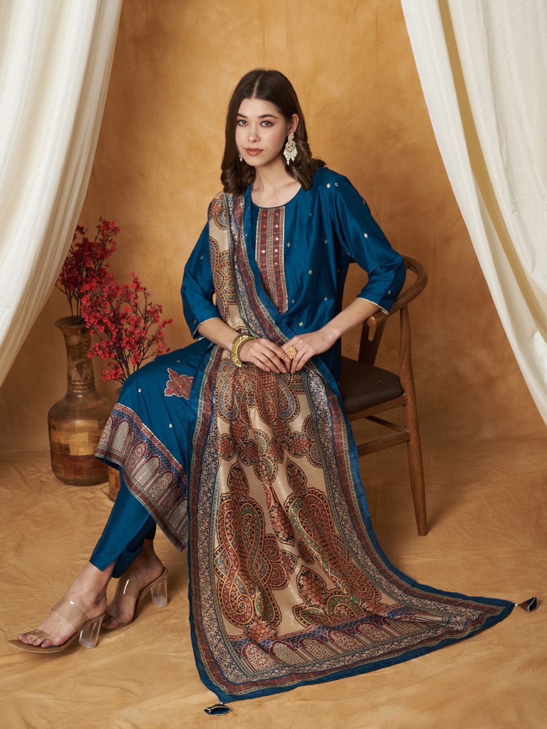 Label Khoj Women's Black Chinon Hand Embroidery Kurta with Pant and Dupatta