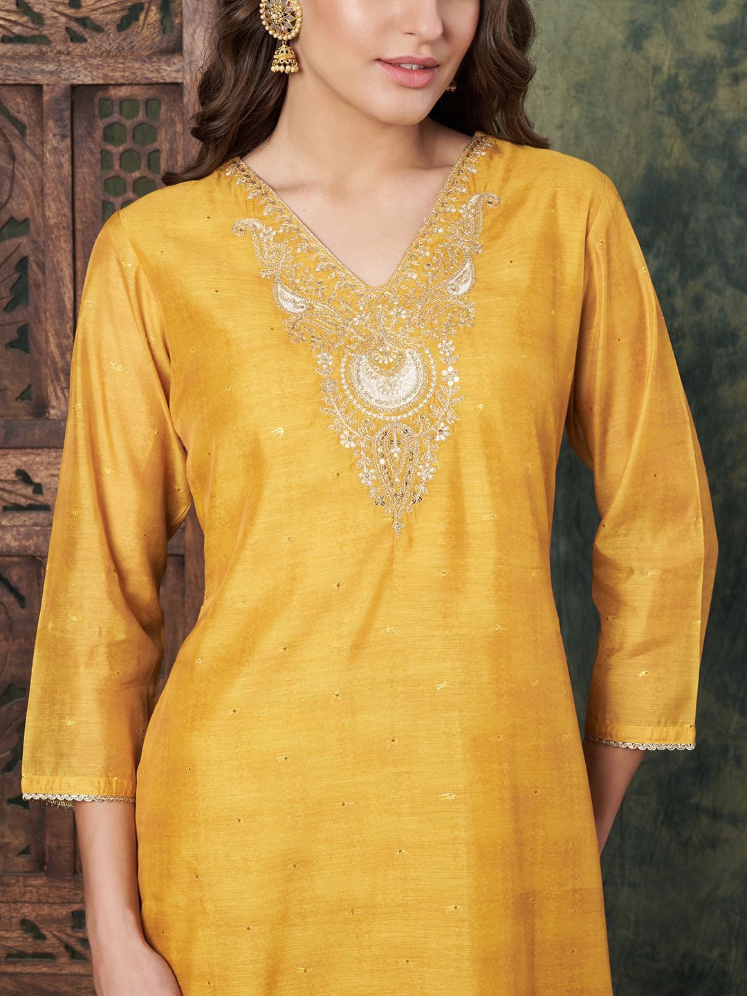 Label Khoj Women's Mustard Chanderi Embroidered Kurta with Pant and Mustard Dupatta