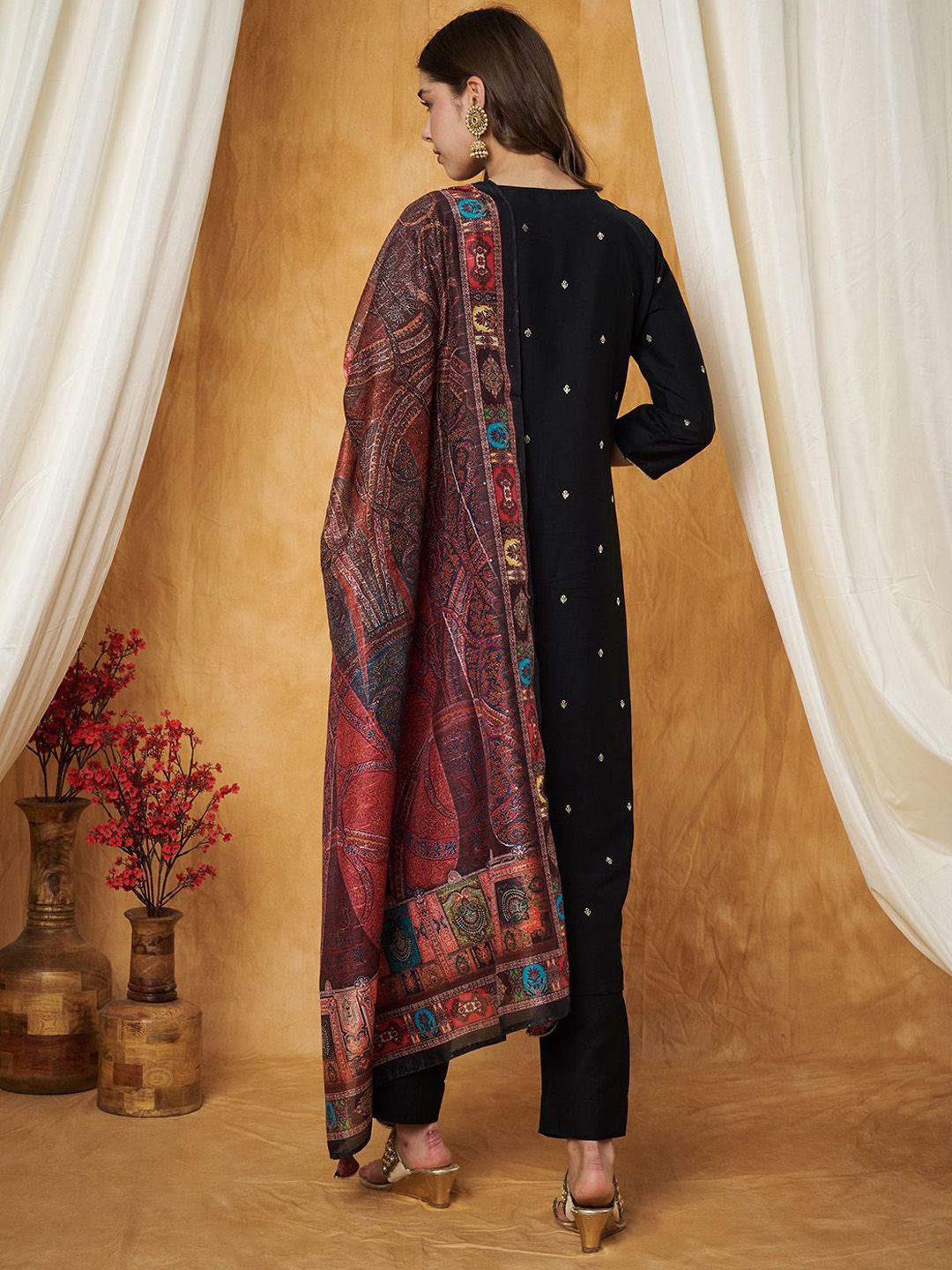 Label Khoj Women's Black Chinon Hand Embroidery Kurta with Pant and Dupatta