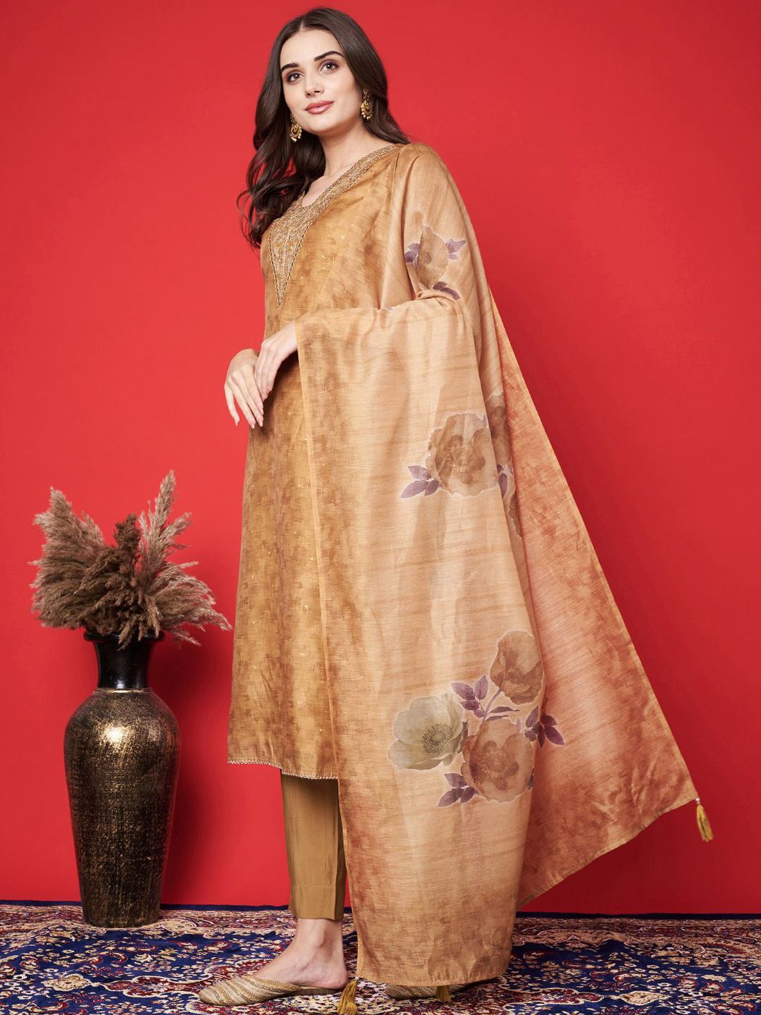 Label khoj chanderi kurta with bottom and dupptta setGold Color