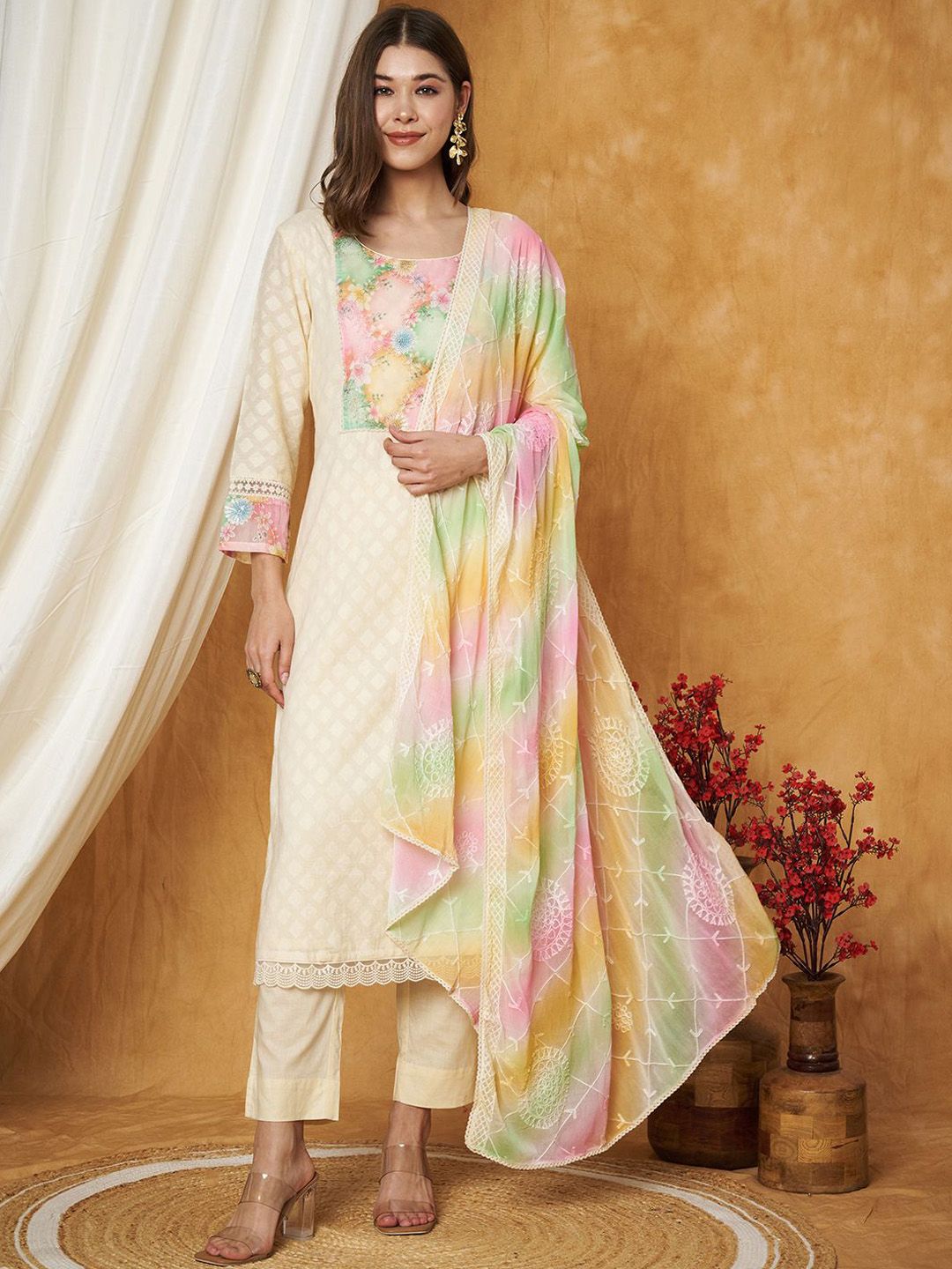 Label Khoj Women's Off White Cotton Jacquard Patch Work Kurta with Pant and Dupatta