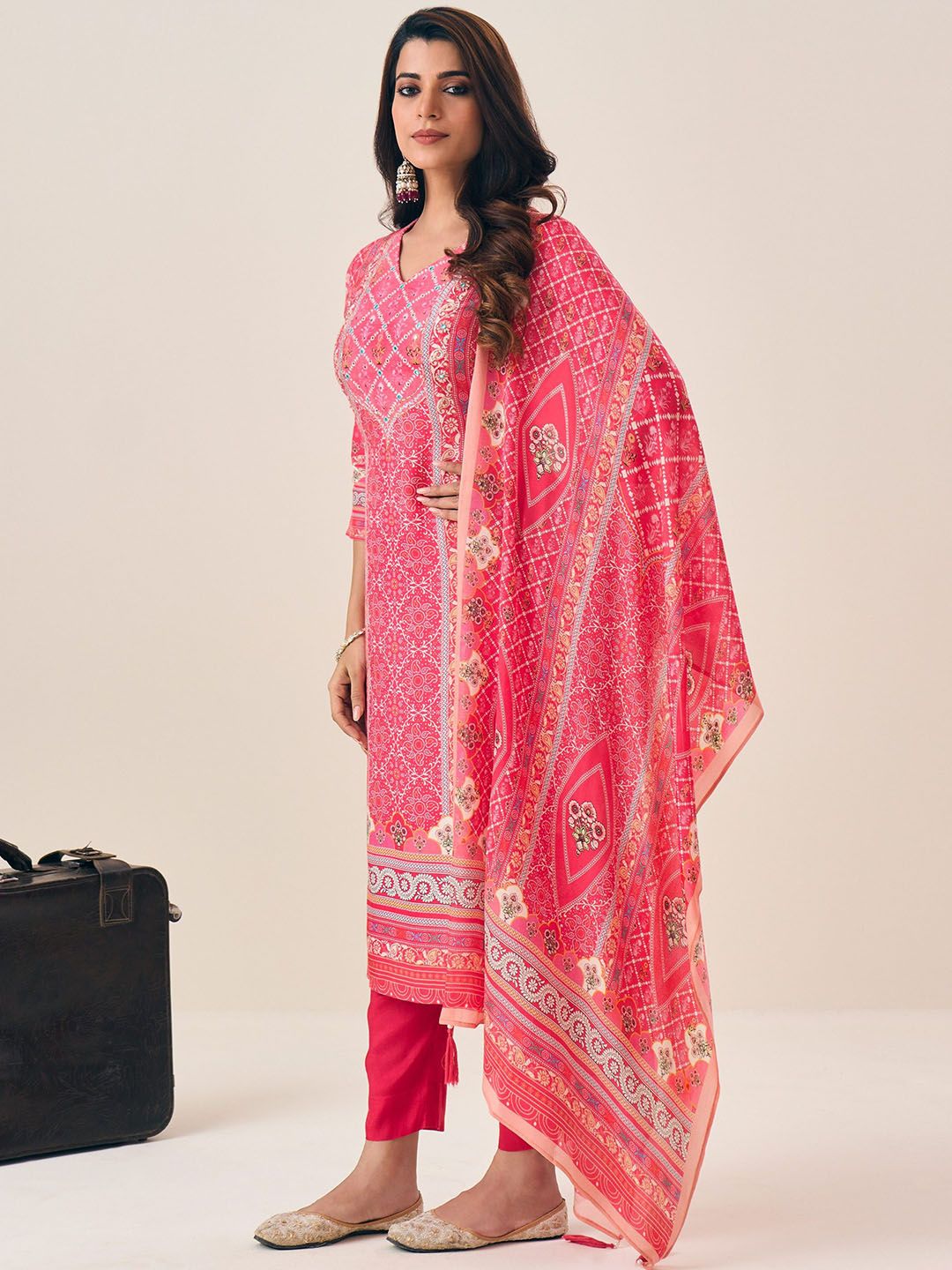 Label khoj Pure viscose maslin with hand work Kurta ,trouser and dupptta setRANI Color