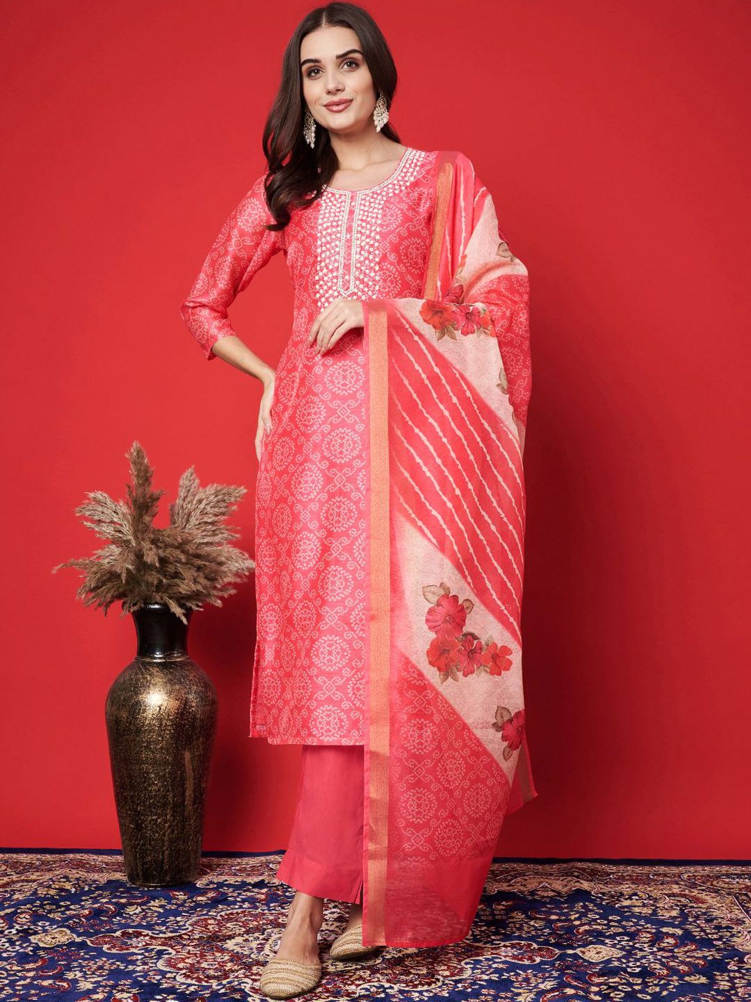 Label khoj chanderi kurta with bottom and dupptta setPink Color
