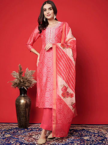 Label khoj chanderi kurta with bottom and dupptta setPink Color