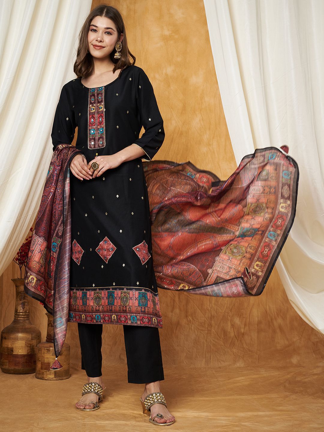 Label Khoj Women's Black Chinon Hand Embroidery Kurta with Pant and Dupatta