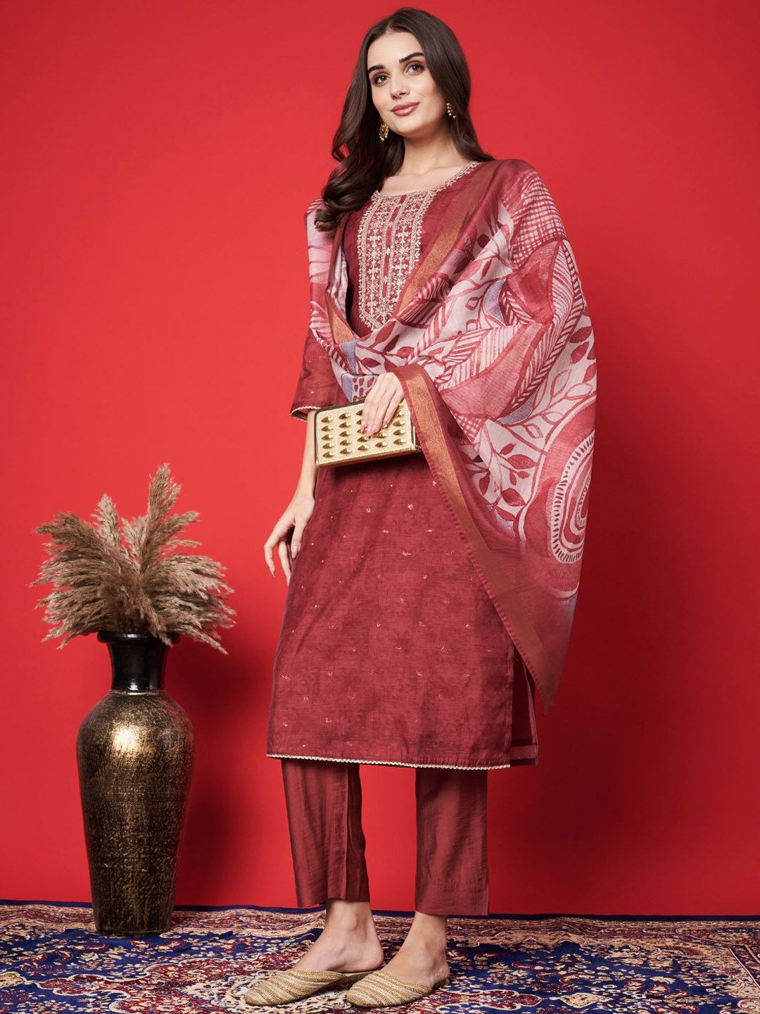 Label khoj chanderi kurta with bottom and dupptta setMaroon Color
