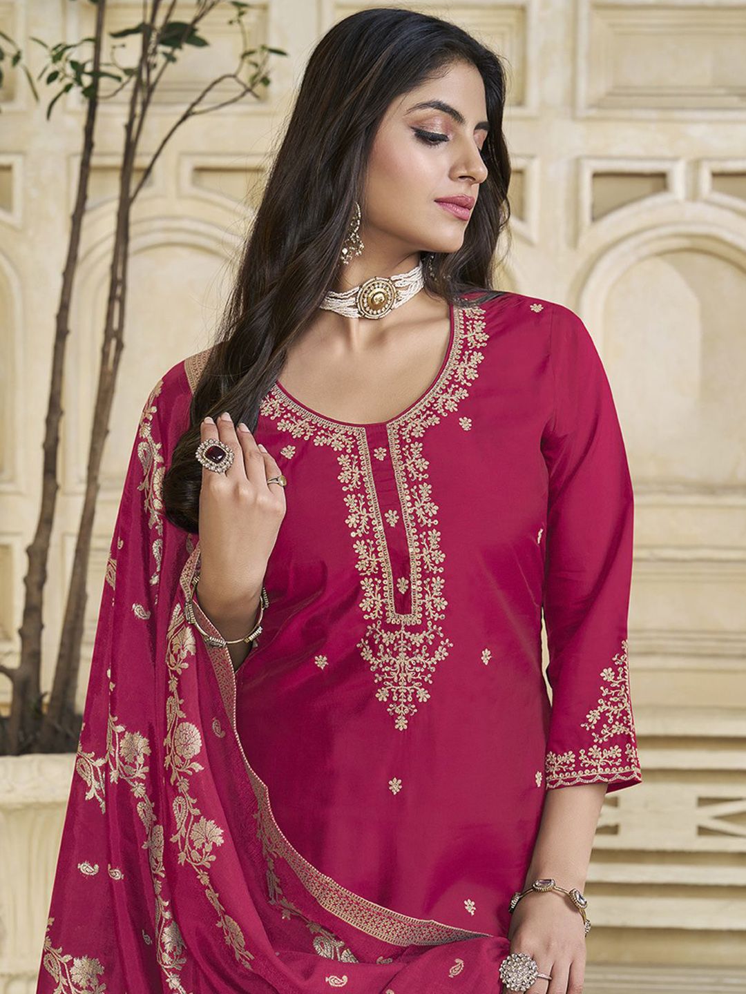 Label Khoj Women Roman Silk Embroidery  Work Rani Color Kurta & Bottom With Dupatta  Set