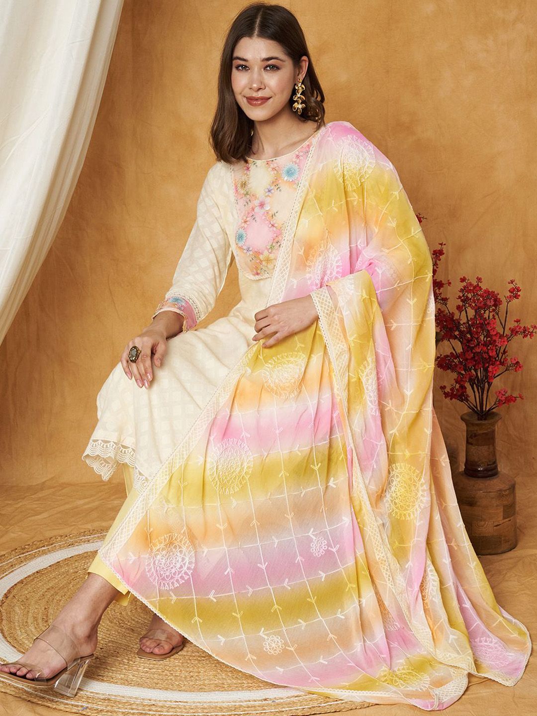 Label Khoj Women's Yellow Cotton Jacquard Patch Work Kurta with Pant and Dupatta
