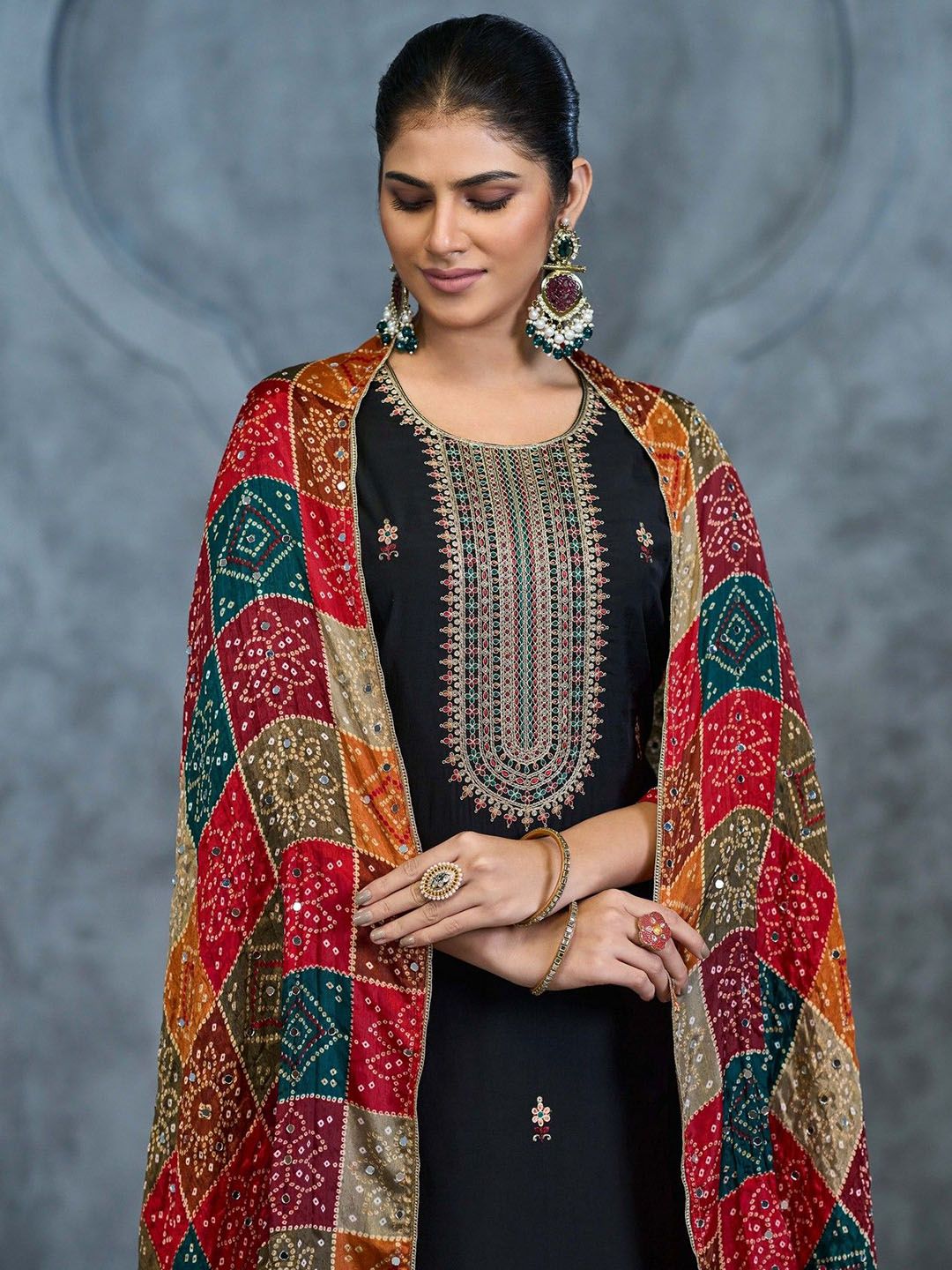 Label khoj Silk top with heavy embroidery and Pure cotton lining kurta setBLACK Color