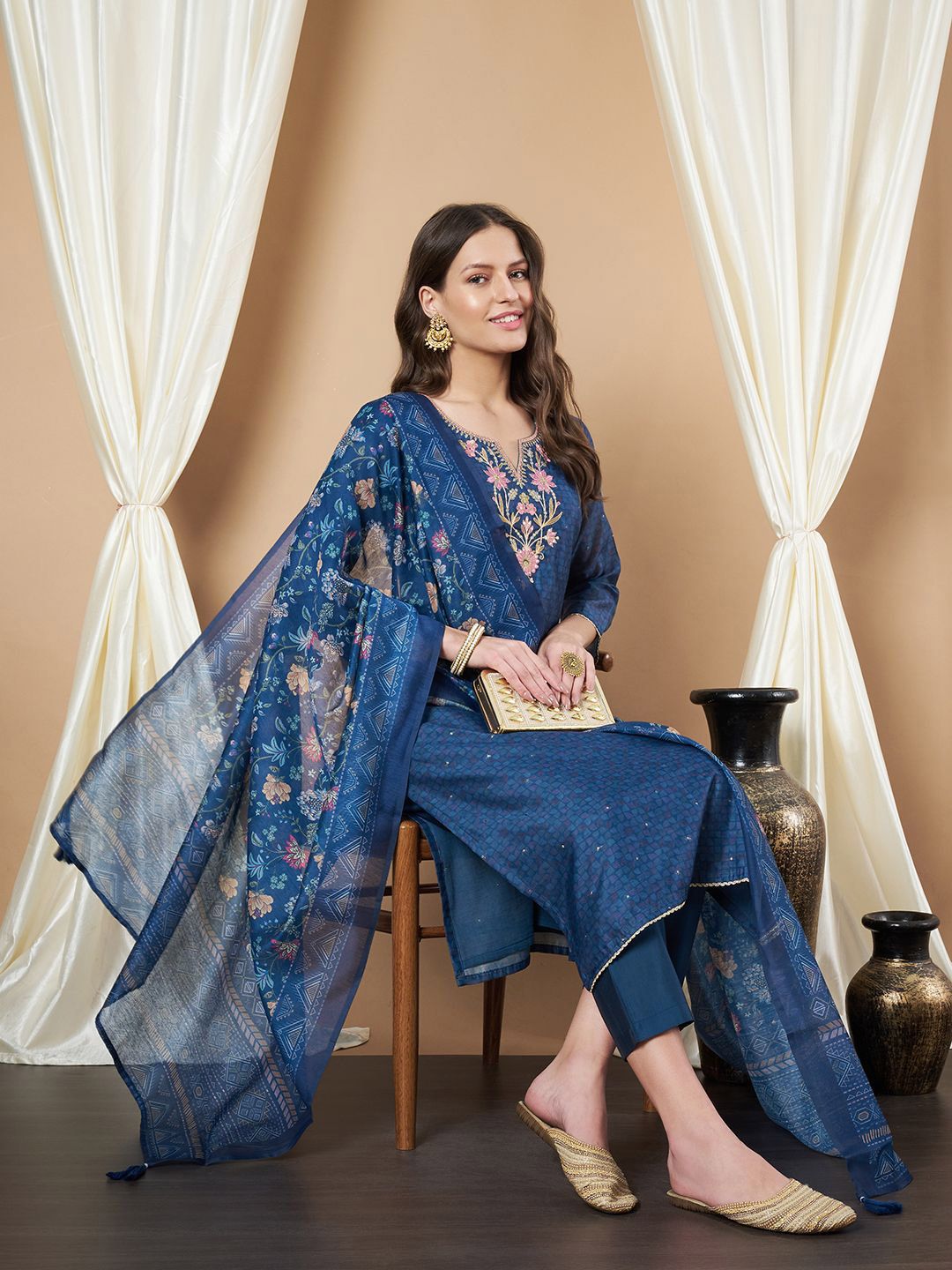 Label Khoj Women's Blue Chanderi Embroidered Kurta with Pant and Blue Dupatta