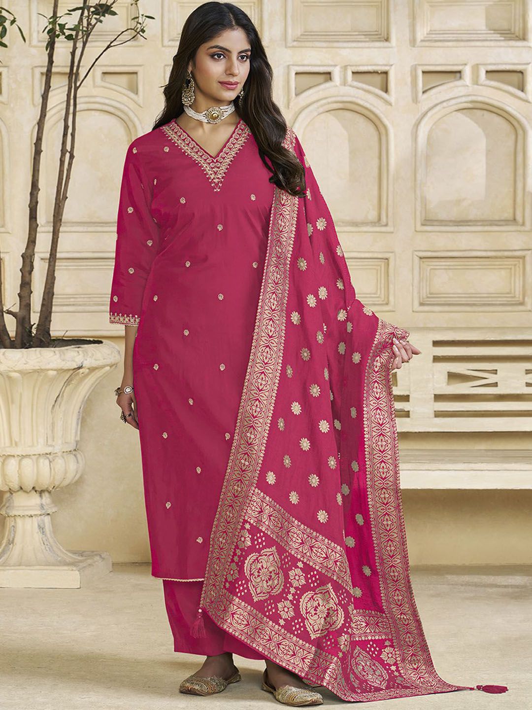Label Khoj Women Roman Silk Embroidery  Work Rani Color Kurta & Bottom With Dupatta  Set