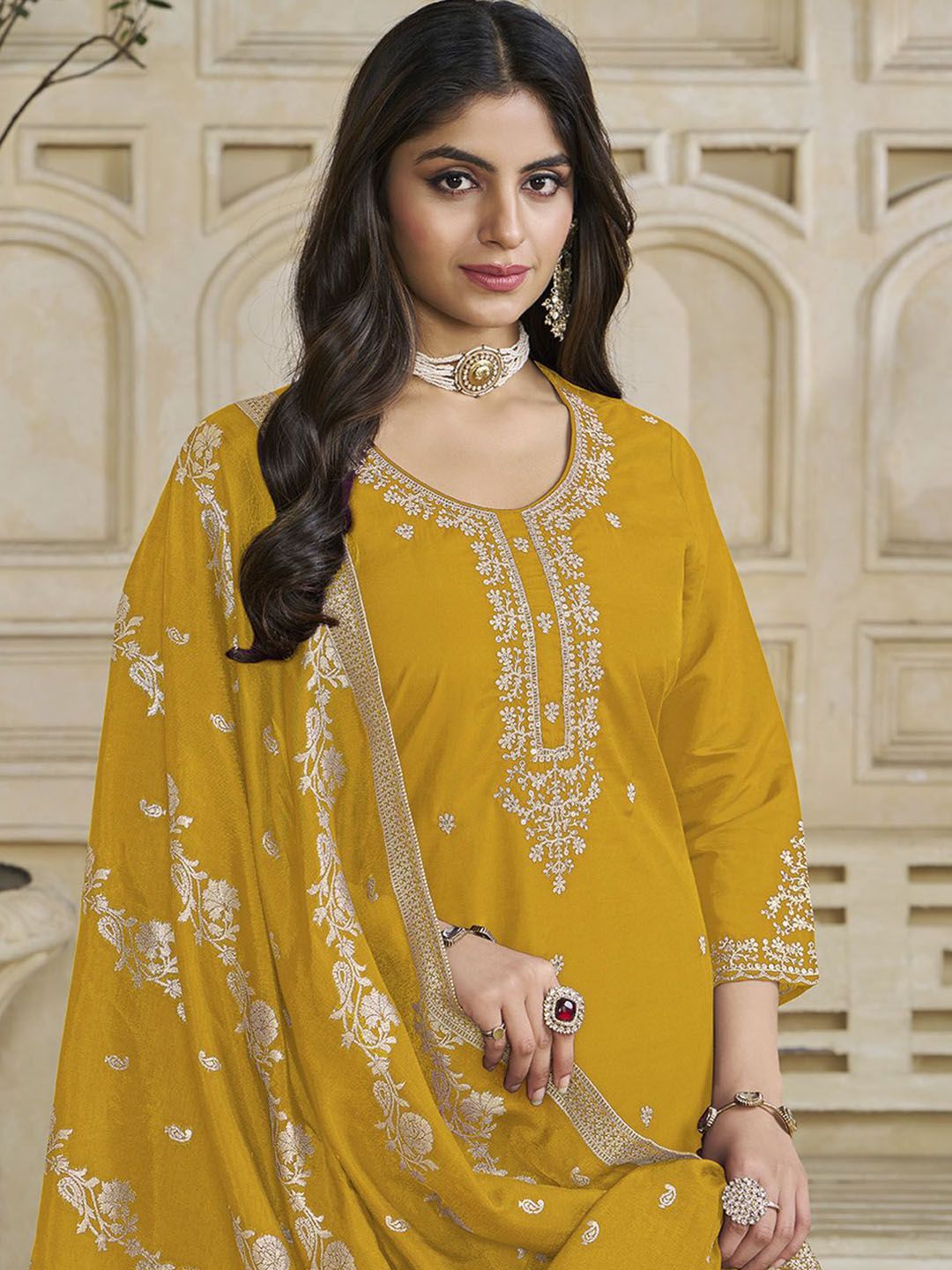 Label Khoj Women Roman Silk Embroidery  Work Yellow Color Kurta & Bottom With Dupatta  Set