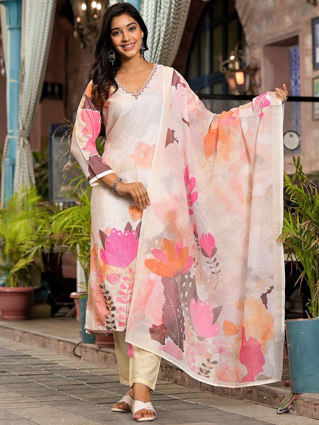 Label Khoj Women Lilen Print Kurta, Trouser And Dupptta Set Linen Multi Color