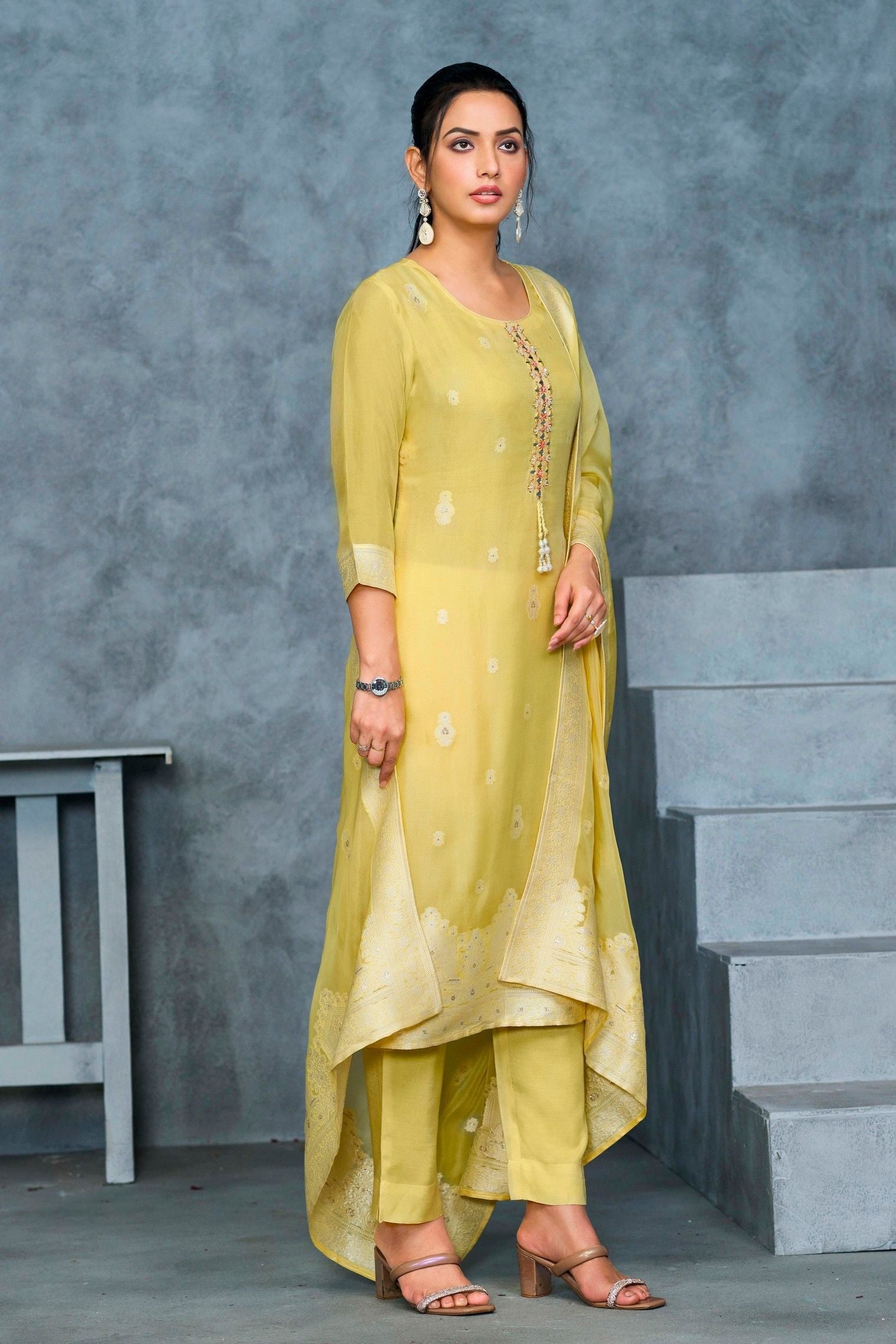 Label khoj Pure viscose organza jacqured with hand work kurta set