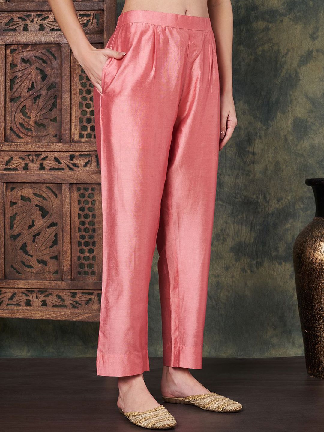 Label Khoj Women's Peach Chanderi Embroidered Kurta with Pant and Peach Dupatta