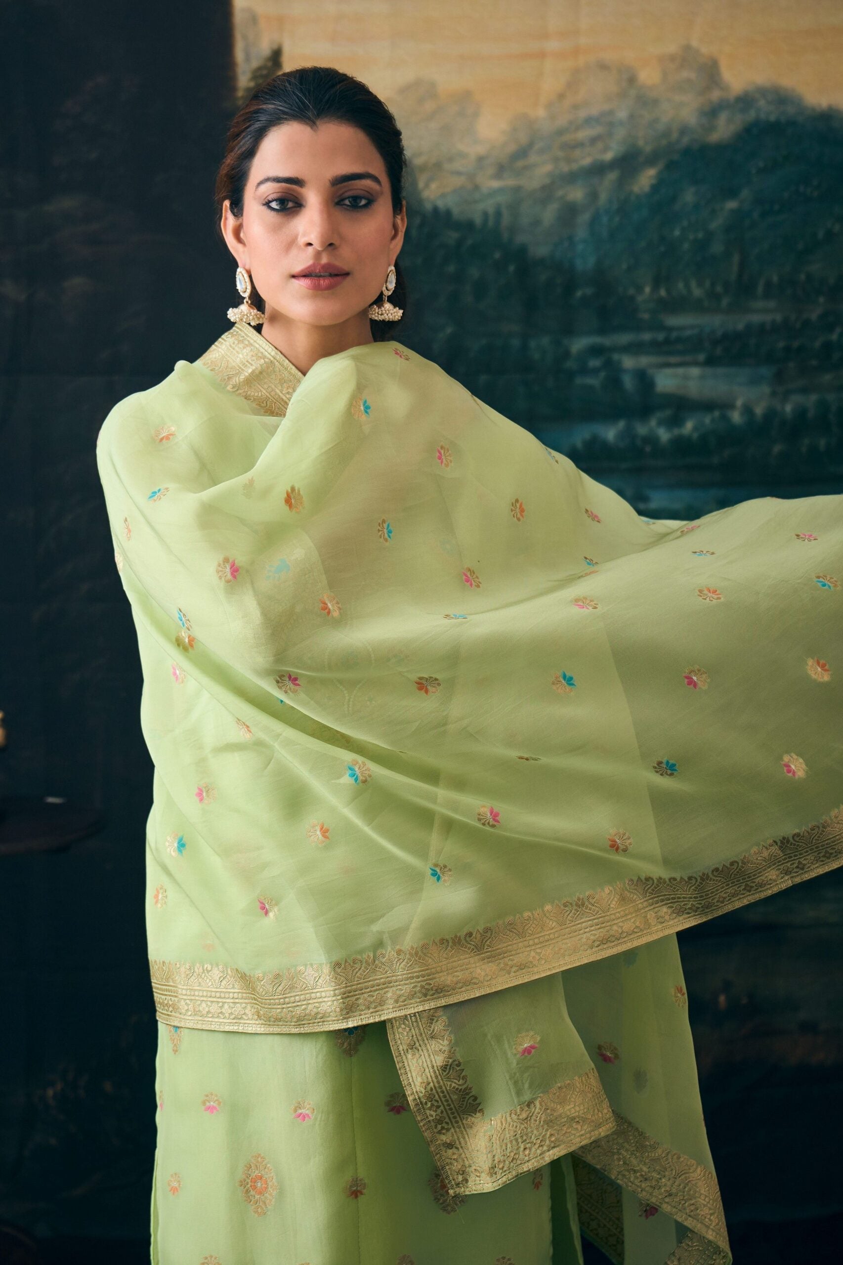 Label khoj Women pure jacquard kurta, trouser and dupptta set