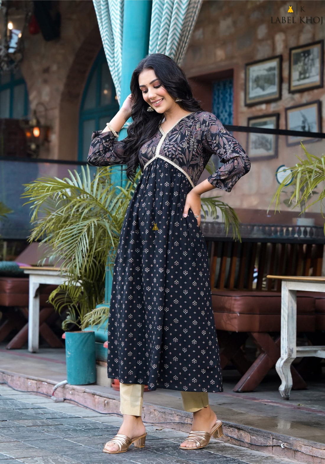 Label Khoj Women Rayon print  A line Alia kurta with Pocket