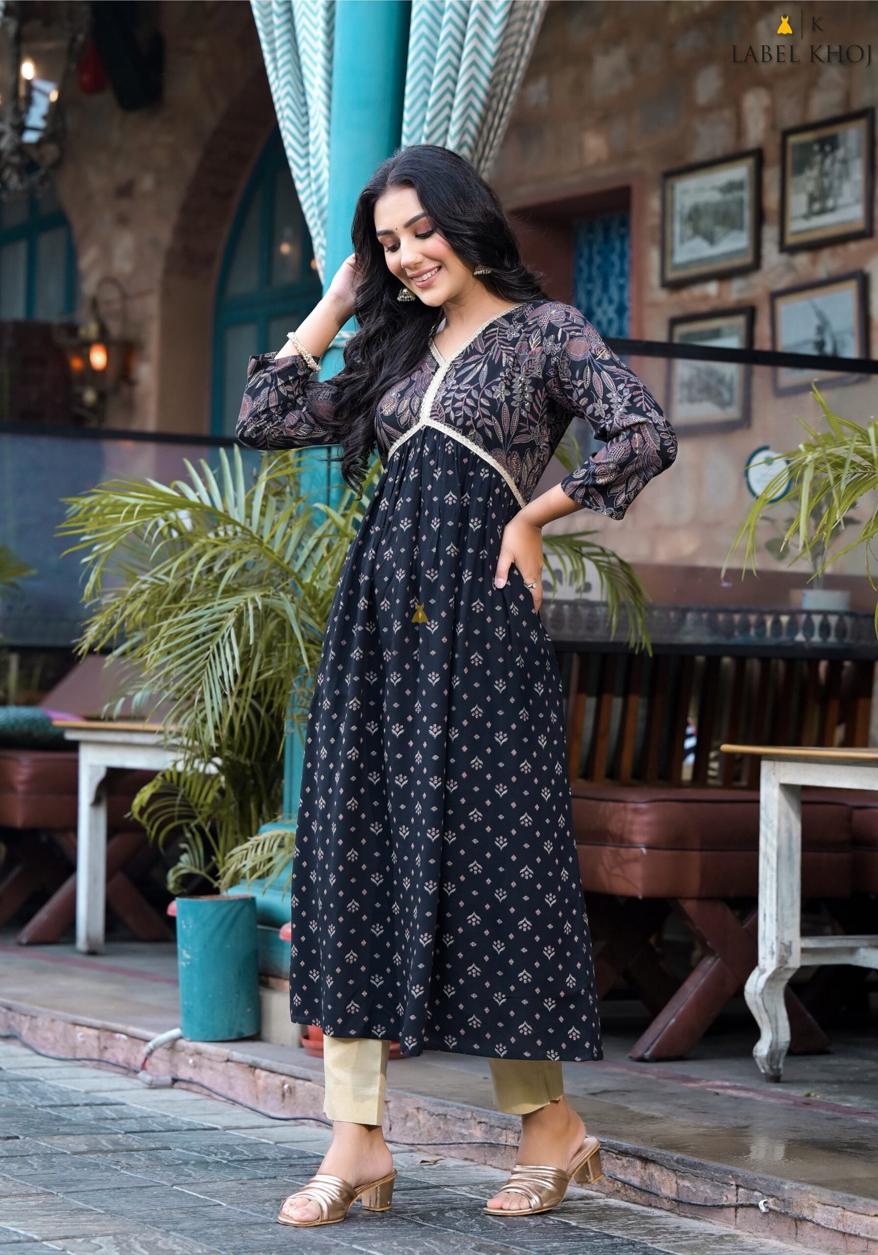 Label Khoj Women Rayon print  A line Alia kurta with Pocket
