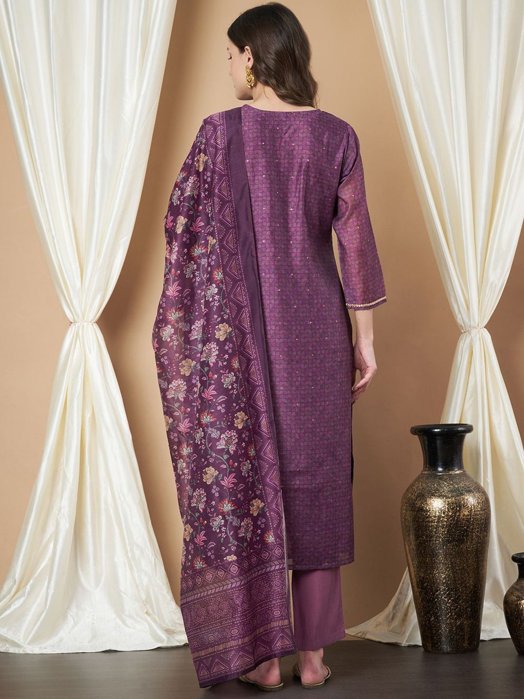 Label Khoj Women's Violet Chanderi Embroidered Kurta with Pant and Violet Dupatta