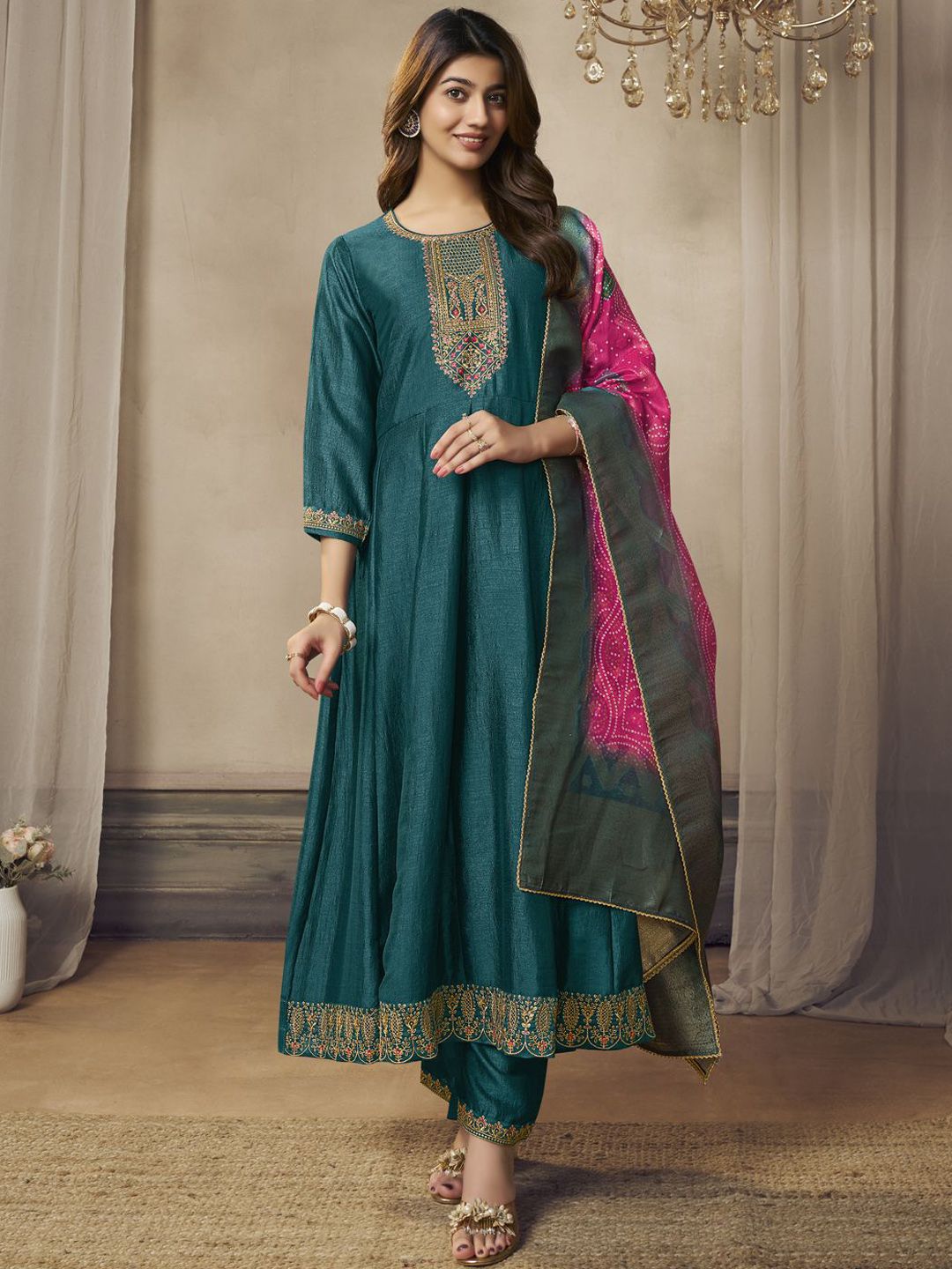 Label khoj Beautiful Anarkali kurta With Pant and Dupatta Set rama Color