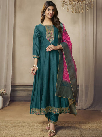 Label khoj Beautiful Anarkali kurta With Pant and Dupatta Set rama Color