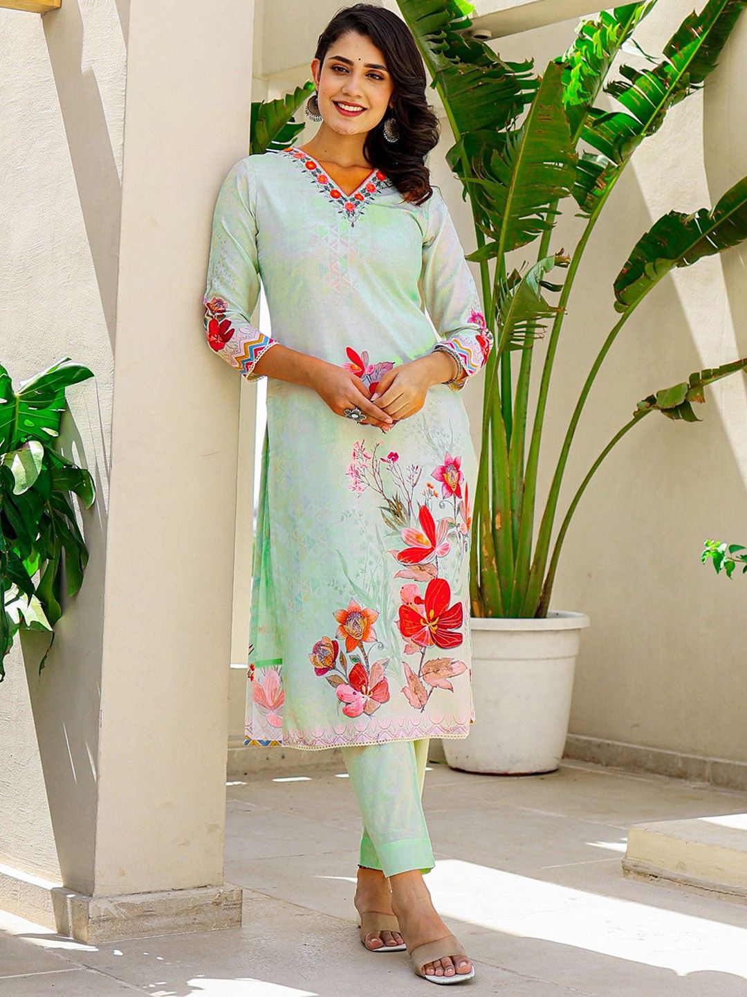 Label Khoj Women Lilen Print Kurta, Trouser And Dupptta Set Linen Green Color