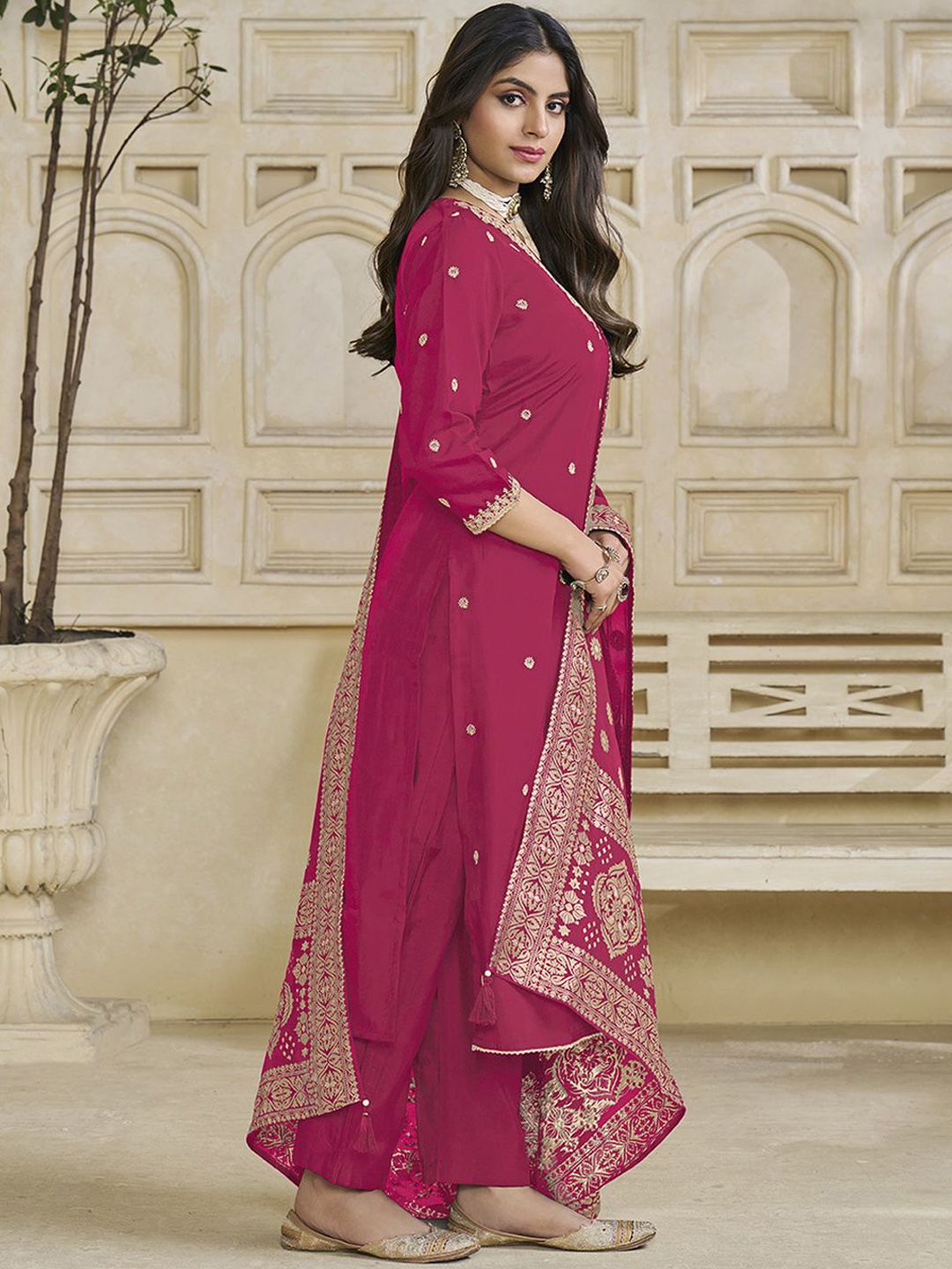 Label Khoj Women Roman Silk Embroidery  Work Rani Color Kurta & Bottom With Dupatta  Set