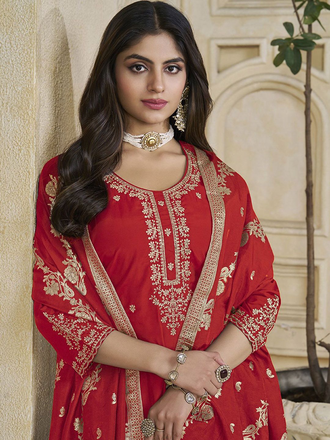 Label Khoj Women Roman Silk Embroidery  Work Red Color Kurta & Bottom With Dupatta  Set