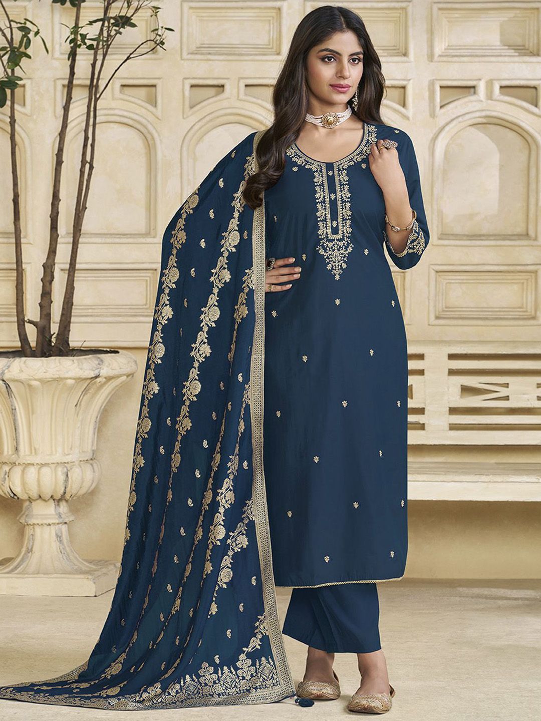 Label Khoj Women Roman Silk Embroidery  Work Blue Color Kurta & Bottom With Dupatta  Set