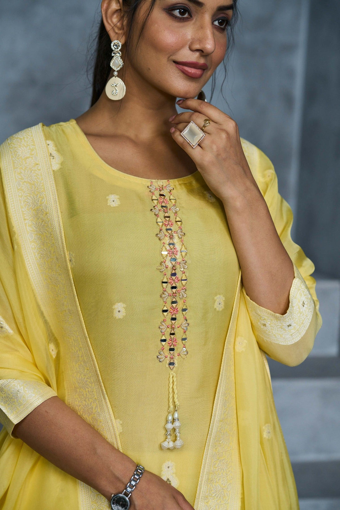 Label khoj Pure viscose organza jacqured with hand work kurta set